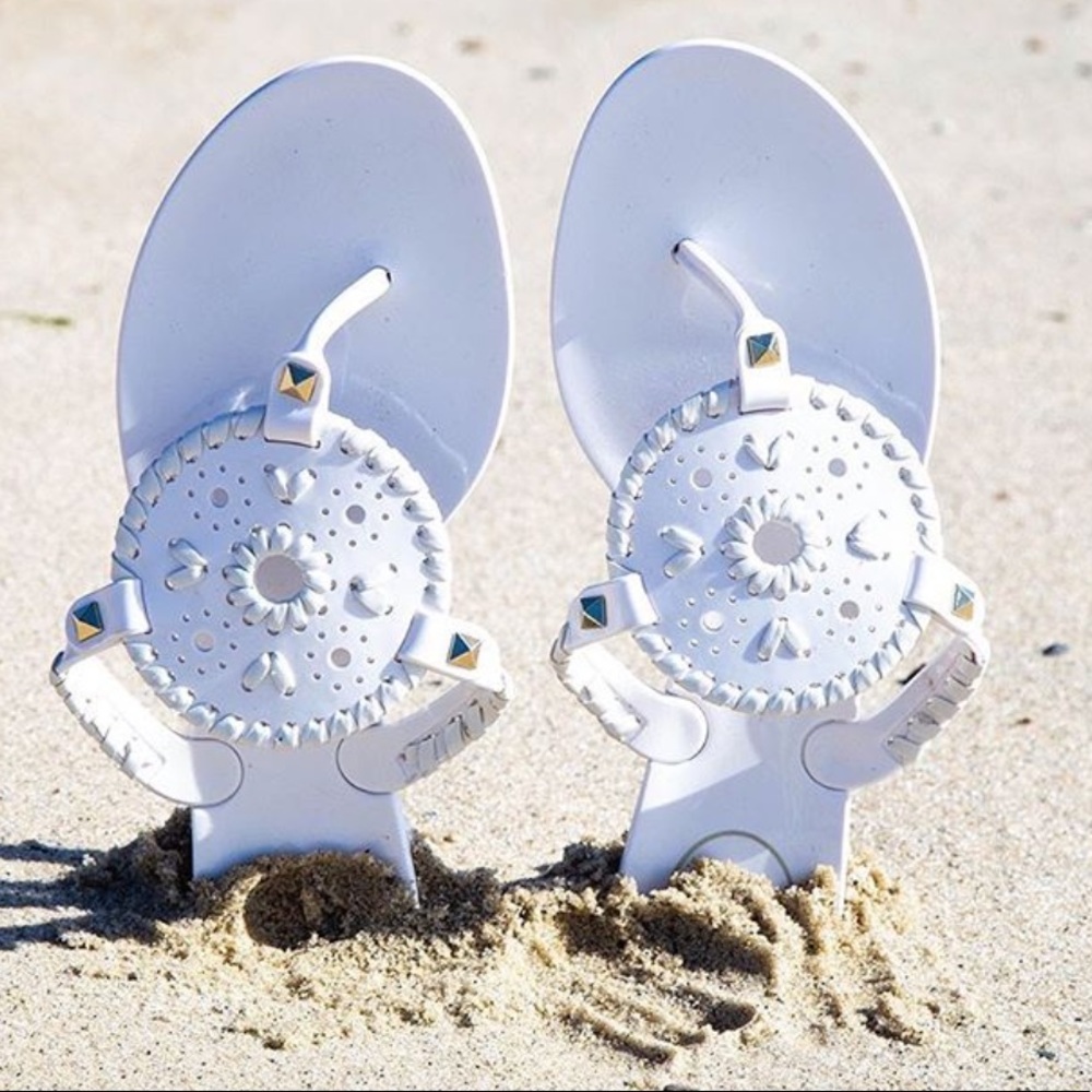 Jack Rogers White Leather Thong Sandal with Gold Studs - Picture 3 of 10